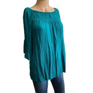Cato Teal Versatile On/Off-Shoulder Smocked Boho Tunic Top Medium stretch croche